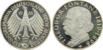 5 Dm 1969 Duitsland 5 duitse Mark Fontane Pp Variante mit..., Verzenden, België