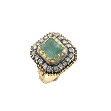 Gouden Victoriaanse ring met smaragd en roos geslepen dia..., Gebruikt, Ophalen of Verzenden, Kleiner dan 17, Met edelsteen