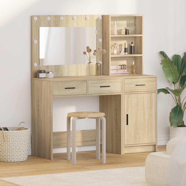 vidaXL Kaptafel met spiegellichten met lade 2 pcs Bruin, Maison & Meubles, Tables | Coiffeuses, Envoi