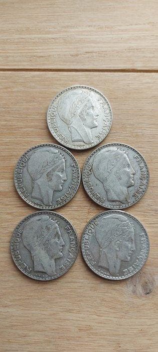 Frankrijk. 20 Francs 1933/1938 Turin (lot de 5 monnaies)