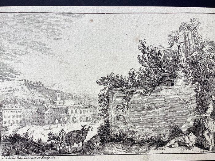 Jacques-Philippe Le Bas (1707–1783) - Pastoral vignette with, Antiquités & Art, Antiquités | Autres Antiquités