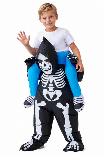 KIMU® Opblaas Kostuum Kinderen Zittend op Skelet Zwart 122 1, Ophalen of Verzenden