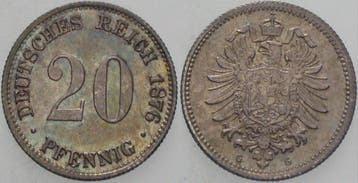 20 Pfennig 1876 G Kleinmunten-kaiserreich Kleiner Adler, Postzegels en Munten, Verzenden, België