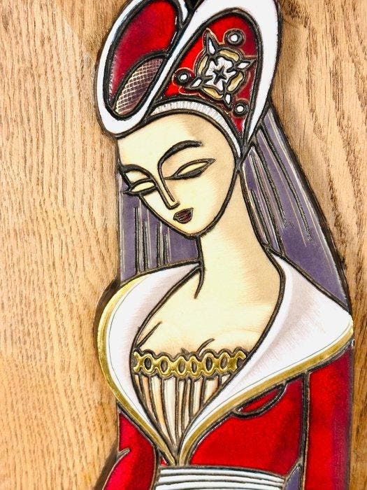 Wanddecoratie - Middeleeuws wandreliefpaneel van een dame in, Antiquités & Art, Curiosités & Brocante
