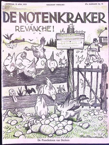 De Paascheieren van Deckers op spotprent (lijst optie), Antiquités & Art, Art | Lithographies & Sérigraphies, Envoi