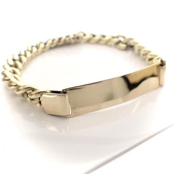 Gouden gourmetschakel armband met graveerplaatje, Ophalen of Verzenden, Gebruikt, Goud, Goud