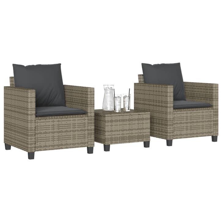 vidaXL 3-delige Bistroset met kussens poly rattan grijs, Tuin en Terras, Tuinsets en Loungesets, Nieuw, Verzenden