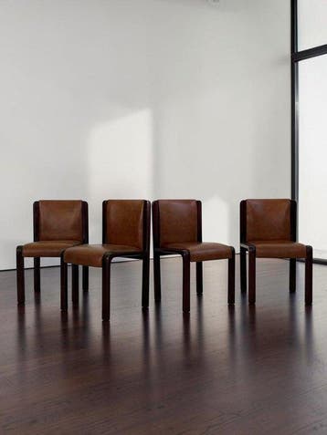 Chaise - Cuir, Bois - Ensemble de quatre chaises vintage