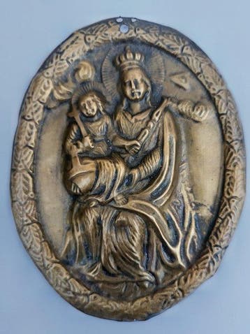 Devotieplaat - Madonna met Kind - Antiek - Messing -, Antiek en Kunst