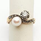 Bague - 18 carats Or jaune Perle - Diamant
