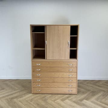 Klassehout tekenladekast (A0) /schuifdeurkast vv 6 lades