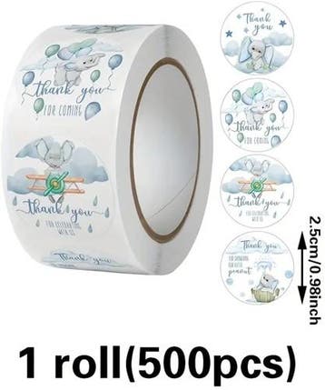 Sluitstickers baby blauw groen grijs olifantje rond etiket, Nieuw