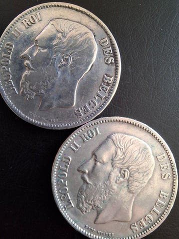 België. Leopold II. 5 Francs 1868/1869, 2 stuks (Zonder