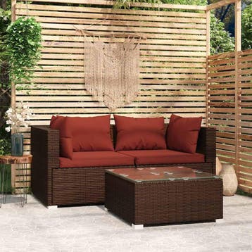 vidaXL 3-delige Loungeset met kussens poly rattan bruin, Verzenden, Nieuw, Loungeset