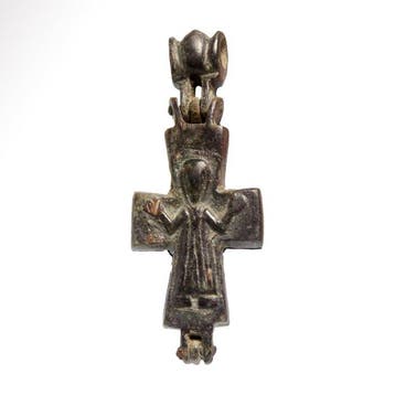 Byzantijns Brons Reliek-kruis hangertje met heiligen
