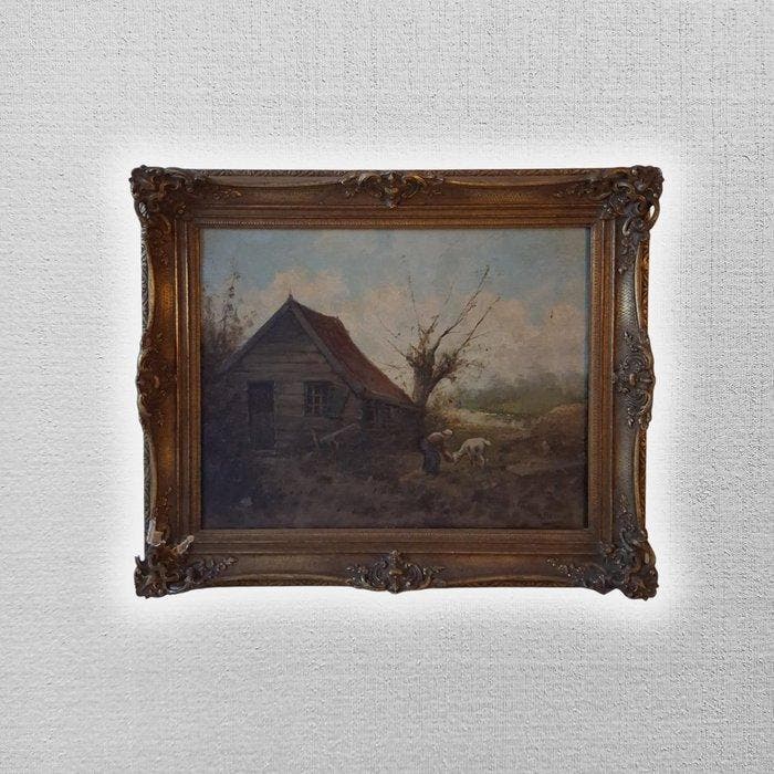 Ferdinand Marinus (1808-1890) - Bauernhausszene mit, Antiquités & Art, Art | Peinture | Classique