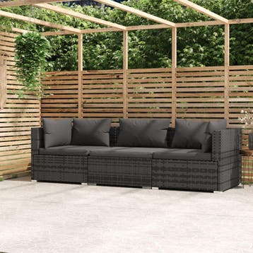vidaXL Driezitsbank met kussens poly rattan grijs, Verzenden