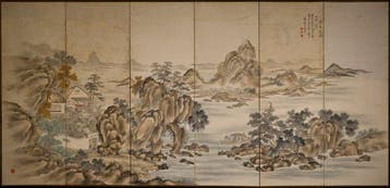 Un paravent japonais à six panneaux présentant un paysage de